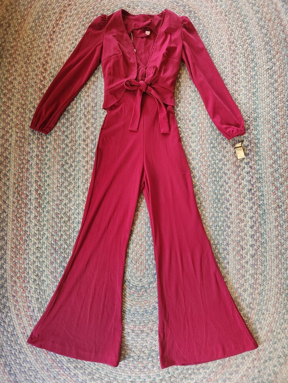 VTG 1970s Deadstock Jumpsuit Bell Bottom Open Keyhole Back Disco Burgundy Fit S